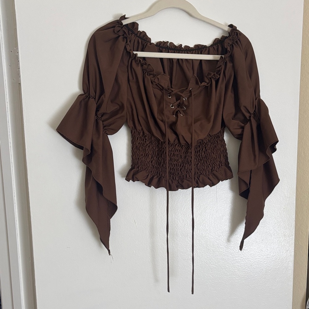Renaissance Brown Ruffled Blouse With Tie Front